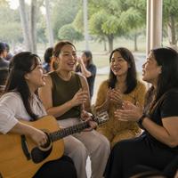 Illustration: women singing together with a guitar
